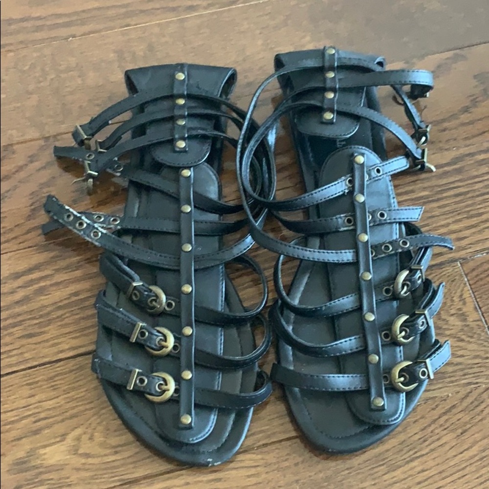 Faux Black Leather Gladiator Sandals - size 8